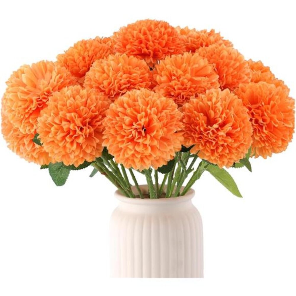 12Pcs Artificial Chrysanthemums Flowers Ball Flower,Orange Fake Mums Silk Flower